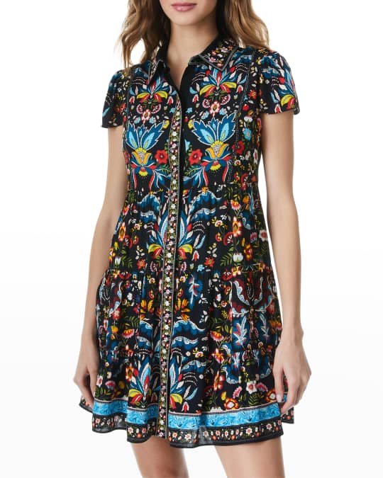 Alice + Olivia Meeko Embroidered Tiered Shirtdress Neiman Marcus