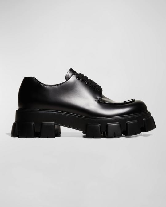 PRADA モノリス ダービー ラバーソール MONOLITH ラフシモンズ Prada Men's Monolith Lug-Sole Leather Derby Shoes | Neiman Marcus