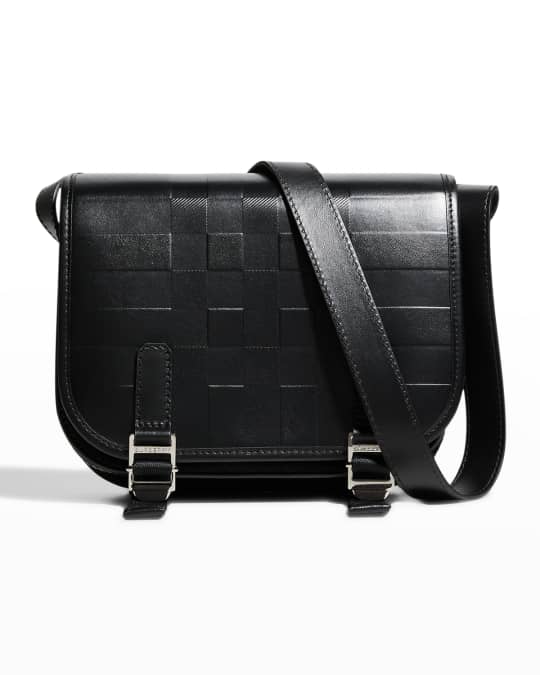 Men s Tonal Check Leather Messenger Bag