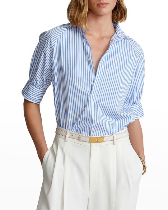 Polo Ralph Lauren Striped 1/2-Placket Puff-Sleeve Blouse | Neiman Marcus