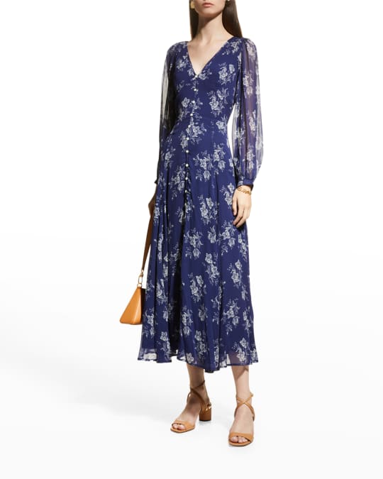Polo Ralph Lauren Floral Print Chiffon Blouson Sleeve Dress Neiman Marcus