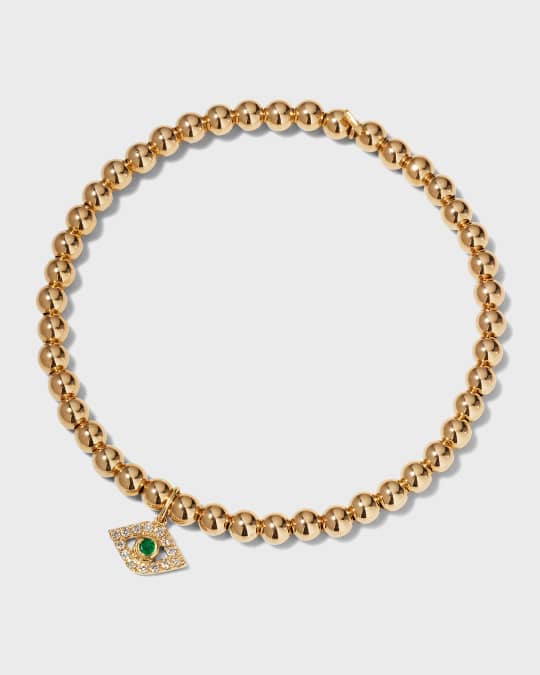Large Emerald Evil Eye Charm Bracelet with 4mm Gold Beads