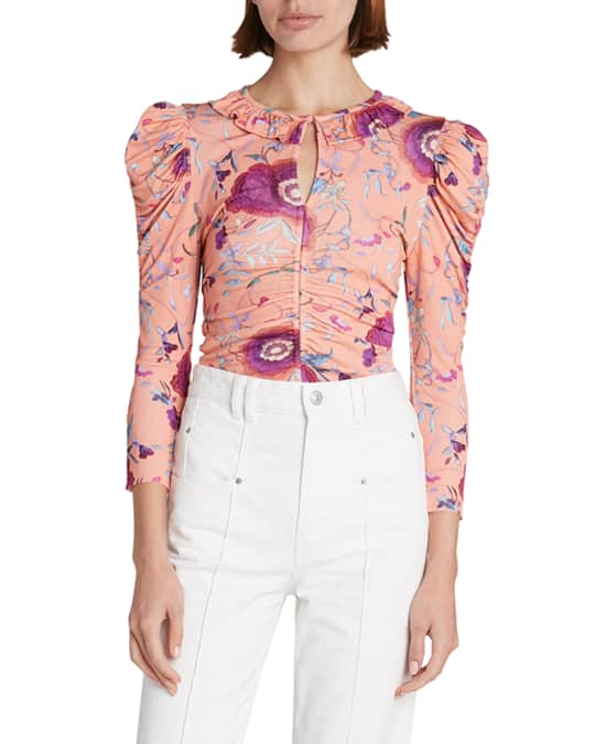 Isabel Marant Jen Floral-Print Ruched Puff-Sleeve Blouse | Neiman Marcus