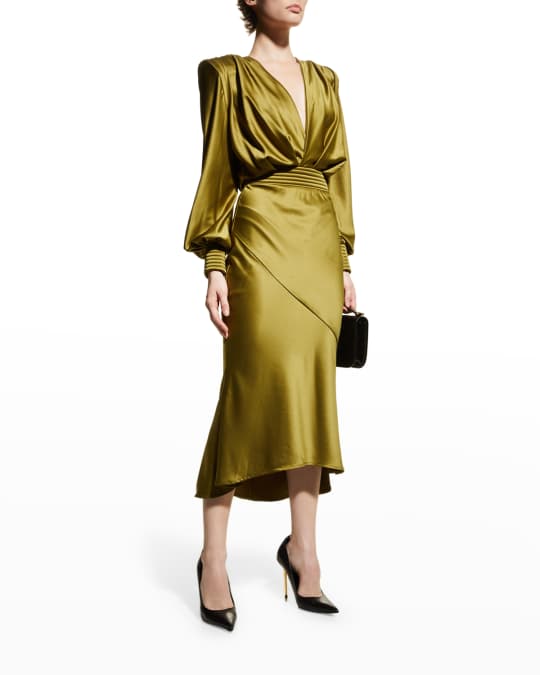ZHIVAGO Betsy Satin Stitched Midi Dress | Neiman Marcus