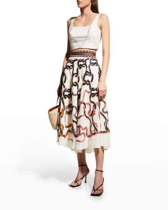 EMPORIO SIRENUSE Livia Snake Embroidered Linen Midi Skirt | Neiman Marcus