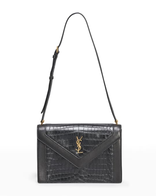 Envelope Large Bag in Croc Embossed Black Leather SHW