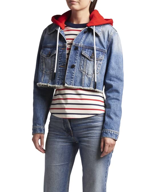 Palm Angels Cropped Denim Jacket with Removable Hood Neiman Marcus