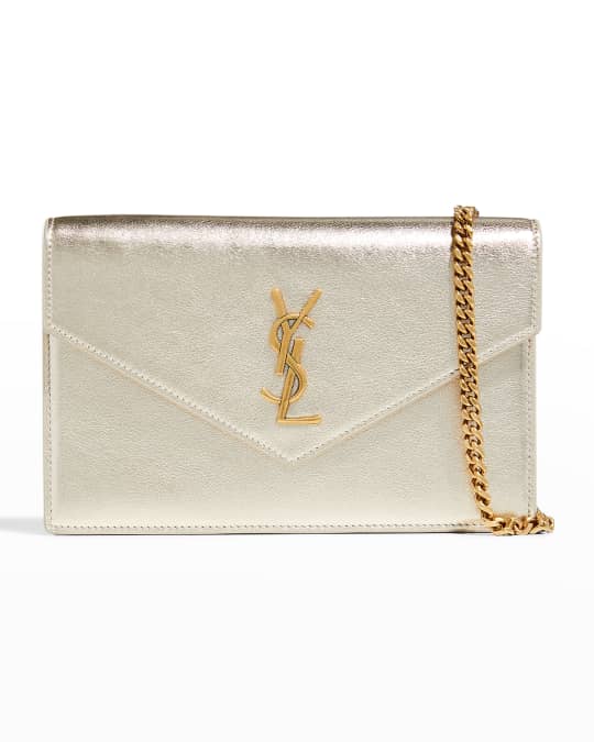 Saint Laurent Chain Wallet Small Envelop Metallic Monogram Silver