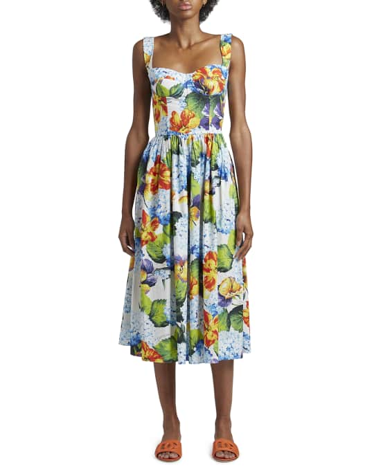 Floral-Print Poplin Bustier Midi Sundress