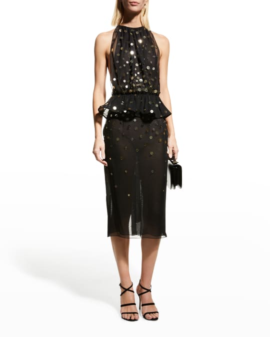 Oscar de la Renta Sequined Peplum Halter Midi Dress Neiman Marcus