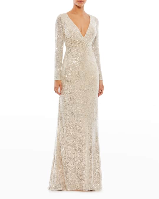 Ieena for Mac Duggal V-Neck Long-Sleeve Sequin Gown | Neiman Marcus