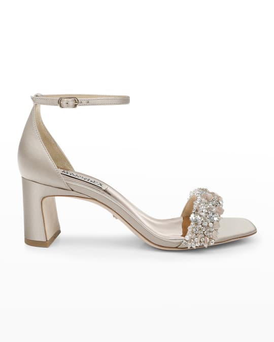 Badgley Mischka Teela Satin Embellished Ankle-Strap Sandals | Neiman Marcus