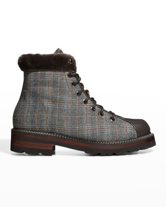Montelliana 1965 Men s Plaid Leather Hiking Boots w Fur Trim Neiman Marcus