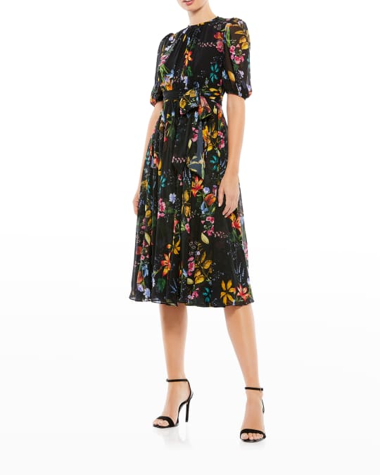 Ieena for Mac Duggal Floral-Print Short-Sleeve Midi Dress | Neiman Marcus