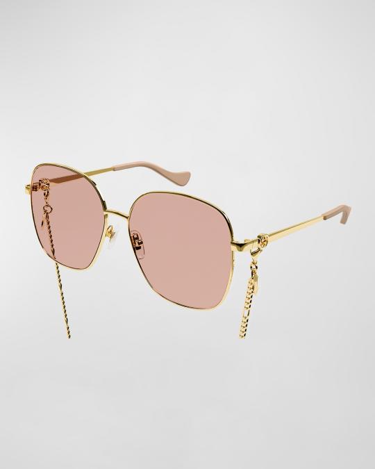 Gucci Square Metal & Acetate Sunglasses w/ Chain Strap  display picture 2
