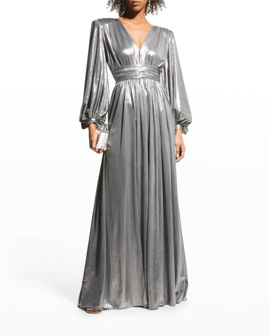 grey benko dresses Bronx Banco Reo Zoe Metallic Deep V-Neck Gown gray benko age