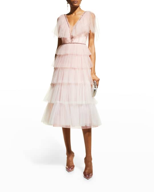 Jenny Packham Freya Crystal Tiered Ruffle Tulle Midi Dress | Neiman Marcus