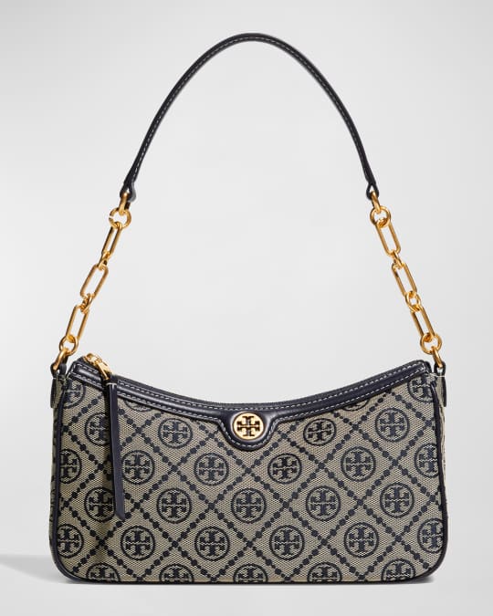 Tory Burch T Monogram Tote Bag Woven Jacquard Synthetic Leather Blue New