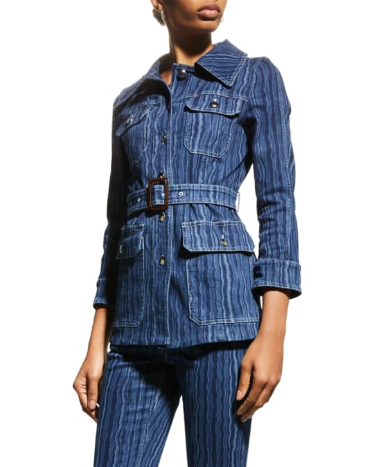 Wave-Print Belted Safari Denim Jacket