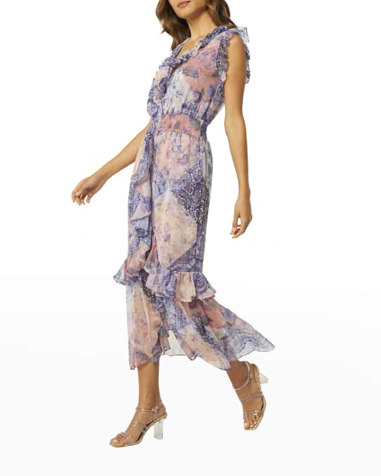 Kidada Patchwork Floral Ruffle Midi Dress
