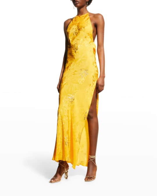 Adriana Iglesias Lea Metallic Floral Jacquard Open-Back Thigh-Slit Maxi  Dress | Neiman Marcus