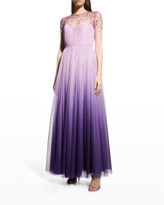Crystal Pleated Ombre Chiffon Illusion Gown