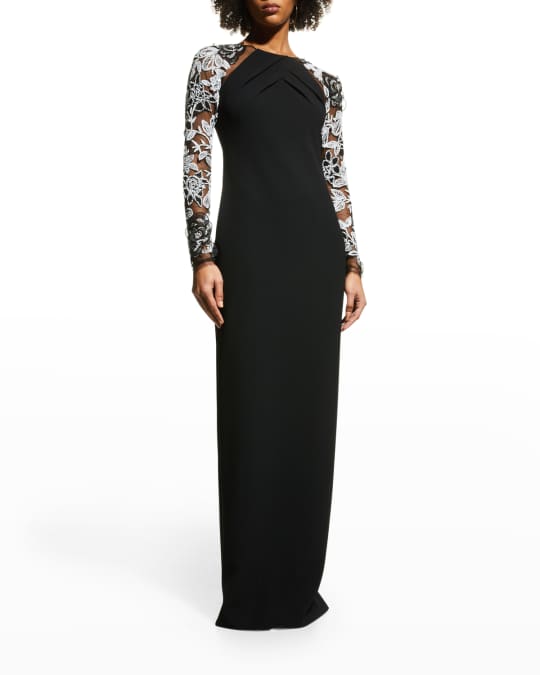 Mesh Sleeve Floral Applique Crepe Gown