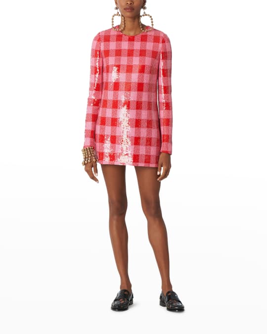 Carolina Herrera Check Sequin Long-Sleeve Shift Mini Dress | Neiman Marcus