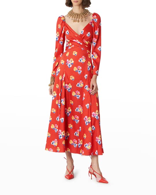 Carolina Herrera Polka-Dot Floral Crisscross Cutout Midi Dress | Neiman ...