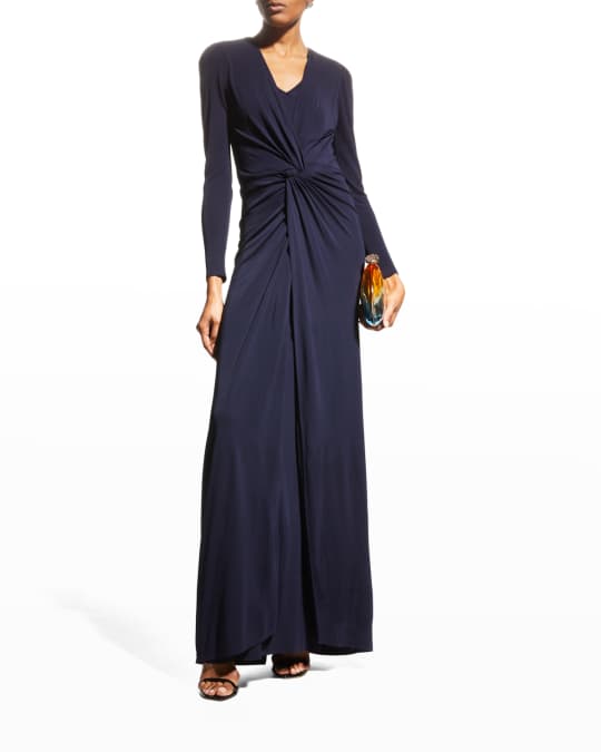 Rickie Freeman for Teri Jon V-Neck Long-Sleeve Twisted Jersey Gown ...
