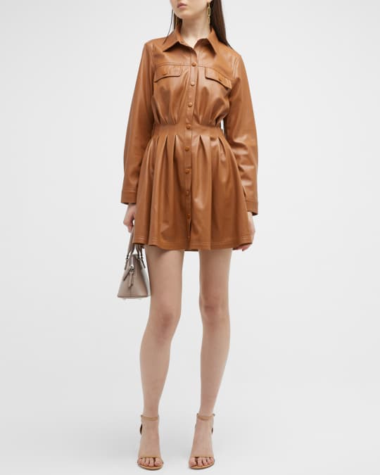 Alice Olivia Vegan Leather Shirt Dress Alice Olivia Arden Vegan Leather  Scoop Neck Pleated Mini Dress