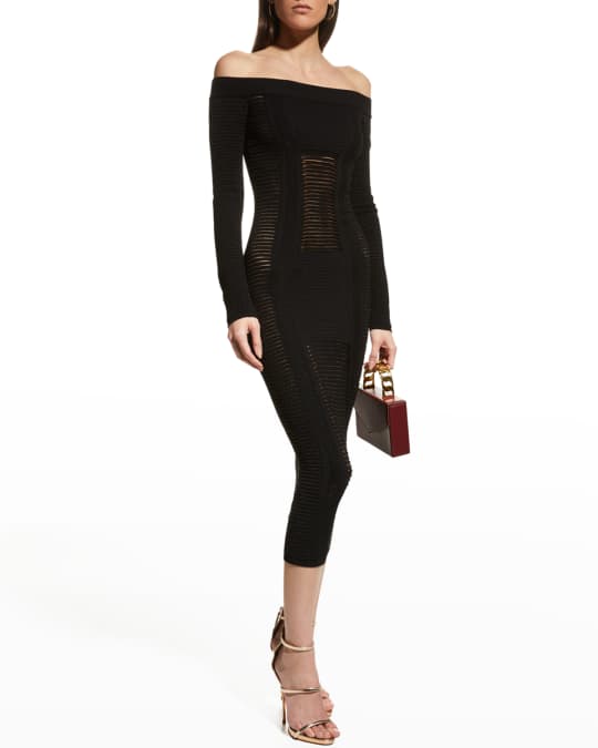 Balmain Off the Shoulder Shredded Body Con Dress Neiman Marcus