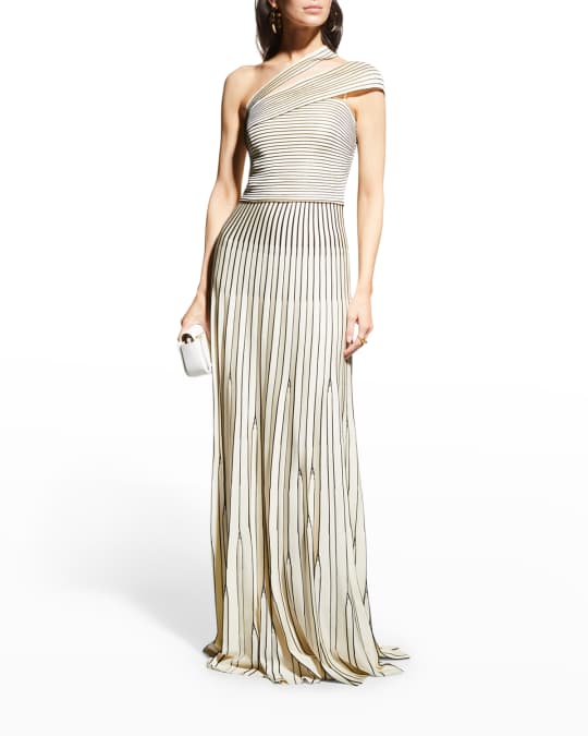 Stripe Ottoman Pleat Knit One Shoulder Gown