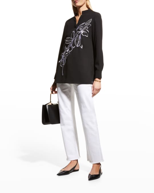 Embroidered Floral Crepe De Chine Blouse