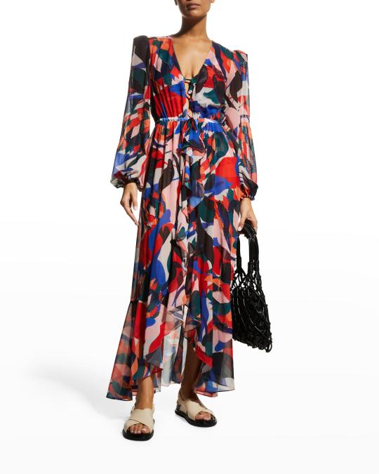 PatBO Protea Beaded Tie-Front Long Coverup Robe | Neiman Marcus