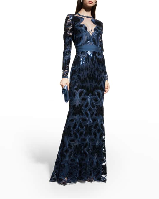 Elie Saab Sequin Embroidered Long-Sleeve Illusion Gown | Neiman Marcus