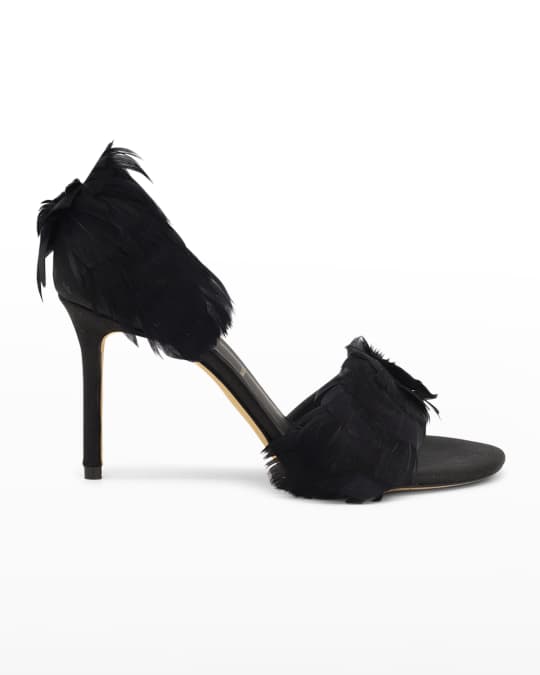 Something Bleu Hamm 2-Piece Satin Sandals with Feathers | Neiman Marcus