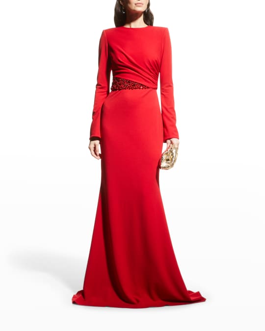 Badgley Mischka Collection Beaded Waist Inset Long-Sleeve Gown | Neiman ...