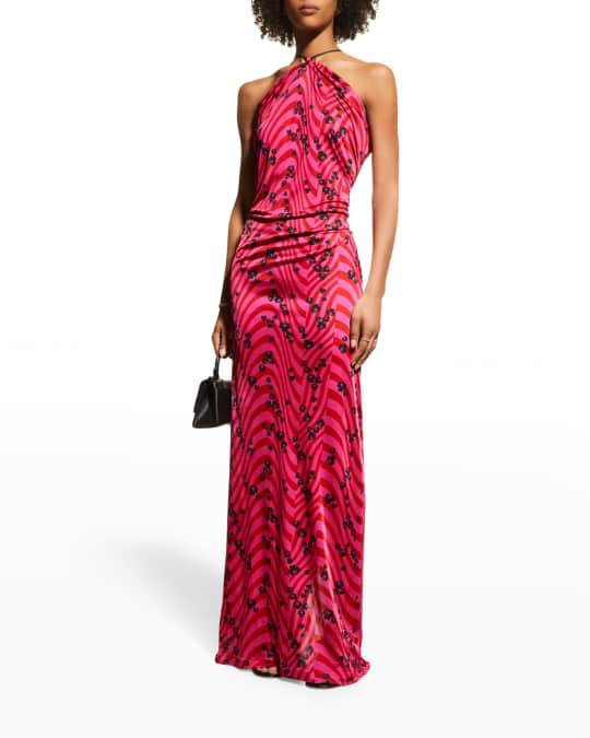 Abstract Printed Open Back Halter Maxi Dress