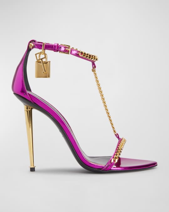 Louis Vuitton open toe heels in purple patent leather with padlock
