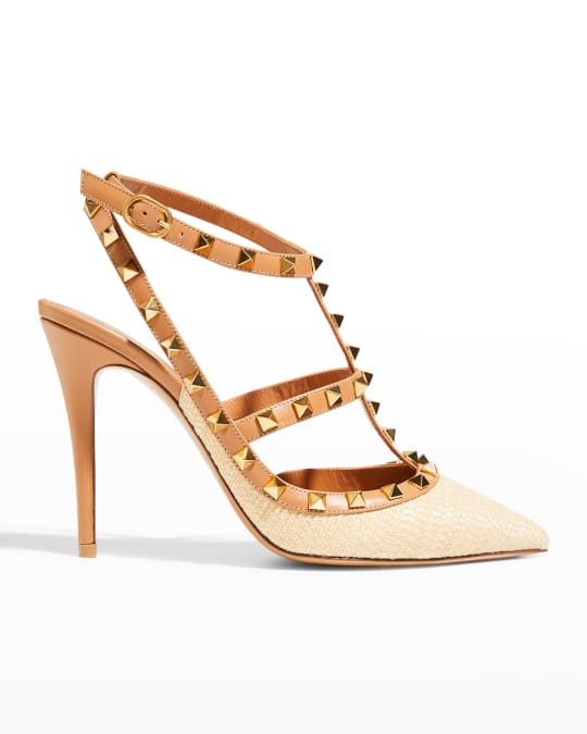 Valentino Garavani Rockstud Raffia T-Strap Pumps | Neiman Marcus