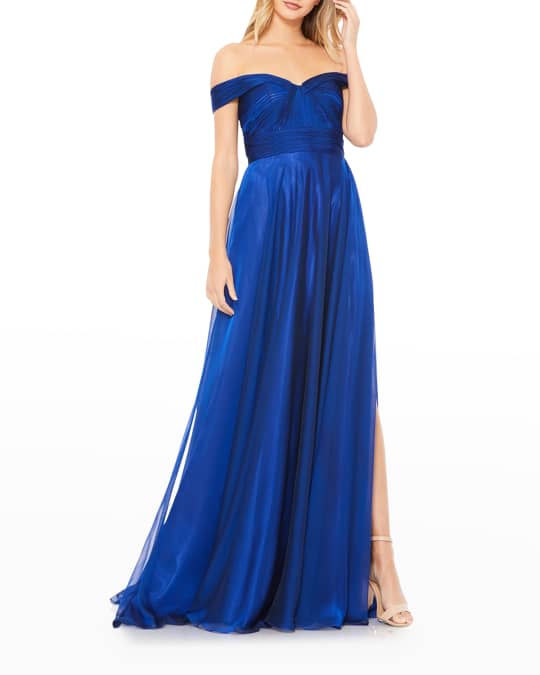 Off the Shoulder A Line Chiffon Gown With Thigh Slit