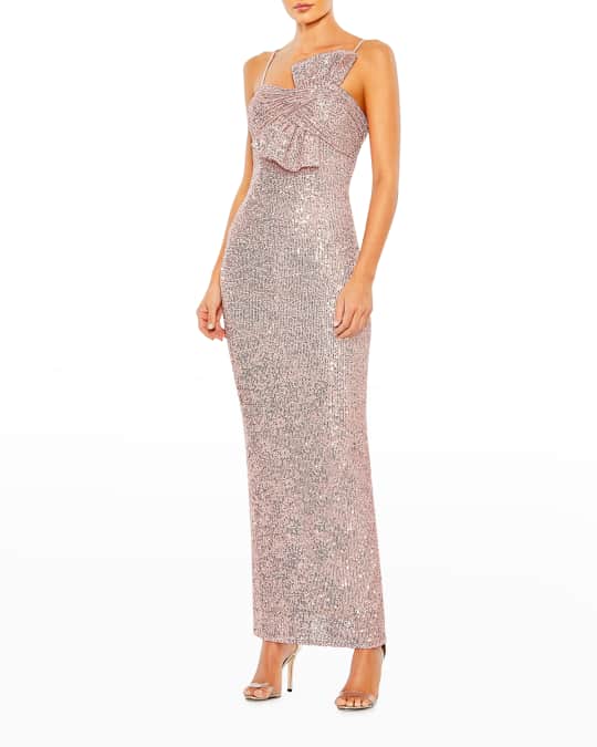 Ieena for Mac Duggal Bow-Embellished Sequin Column Gown | Neiman Marcus