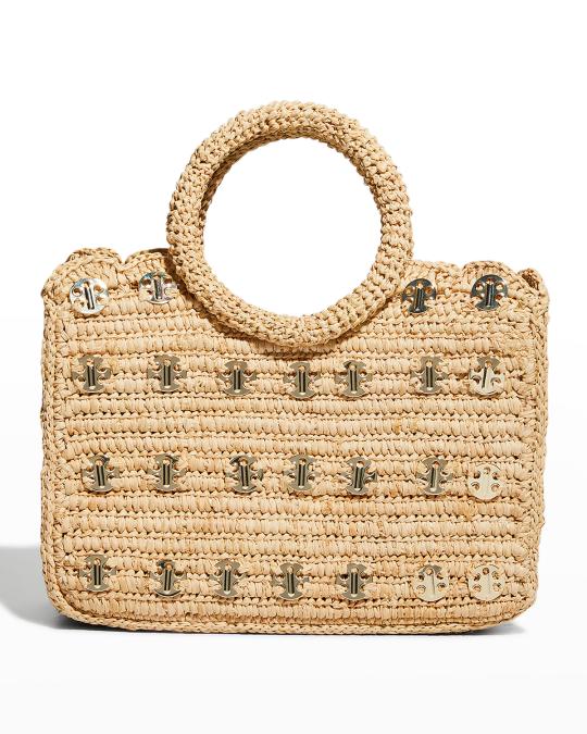 Rabanne Small Logo Raffia Top-Handle Bag | Neiman Marcus