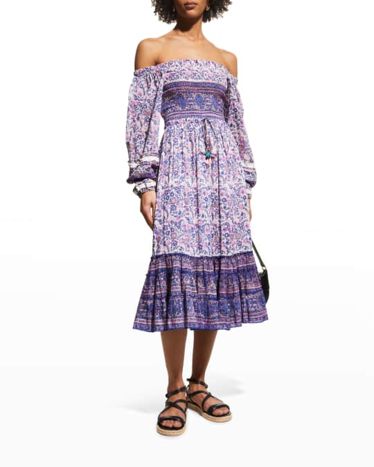 Alicia Bell Millie Floral Cotton-Silk Smocked Midi Dress | Neiman Marcus