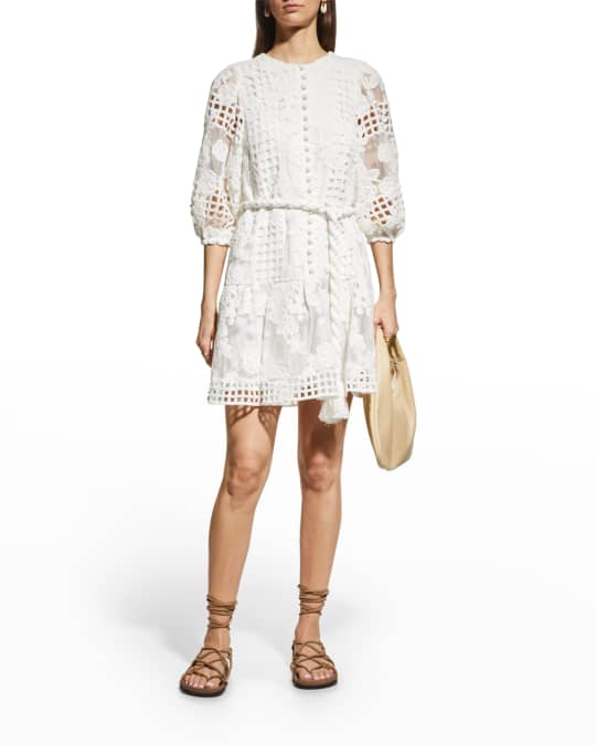 Alexis Zazario Three-Quarter Sleeve A-Line Macrame Mini Dress