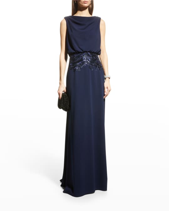 Sleeveless Crepe Gown w Sequin Trim