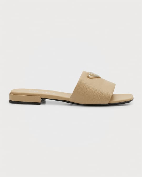 Prada Calfskin Logo Flat Slide Sandals | Neiman Marcus
