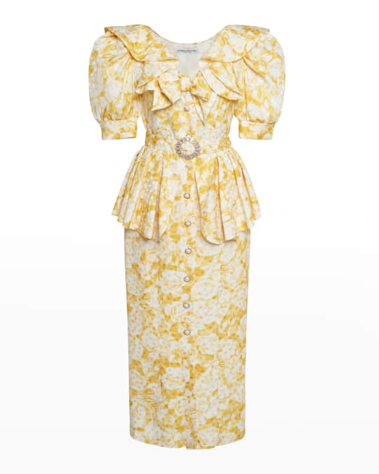 alessandra rich polka dot dress with peplum Alessandra Rich Floral Polka-Dot Ruffle Belted Peplum Midi Dress