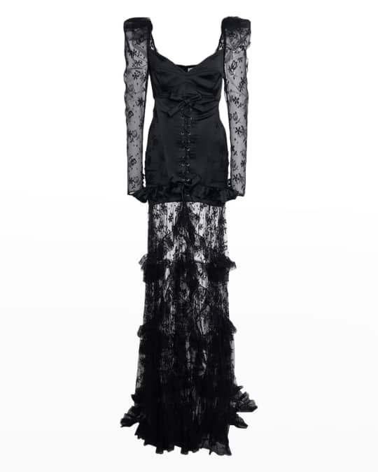 Alessandra Rich Duchesse Sheer Lace-Up Puffed-Long Sleeve Gown | Neiman ...